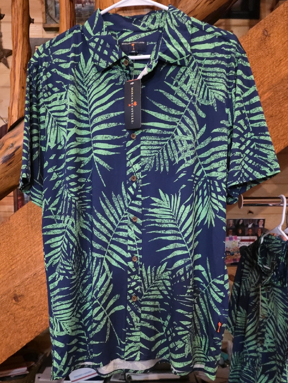 Margaritaville Navy & Green Palm-Print Short-Sleeve Button-Down Shirt